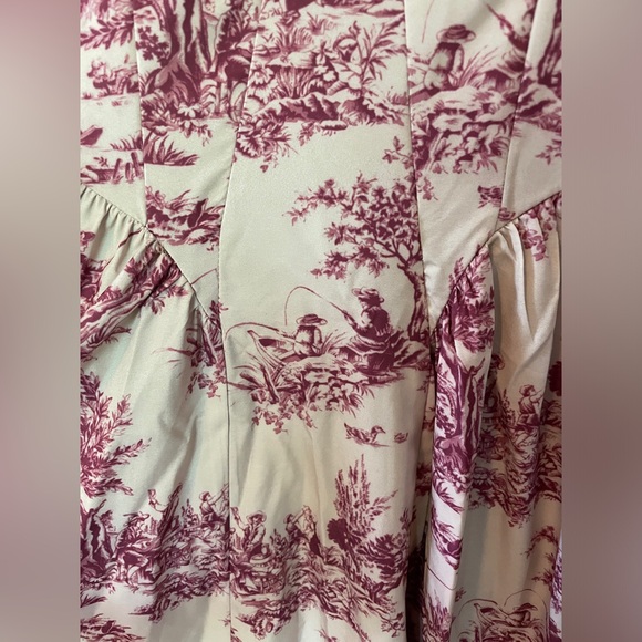 Dazy Burgundy and Cream Toile Dress with Ballon Sleeves Bustier Top Basque Waist - Picture 8 of 12